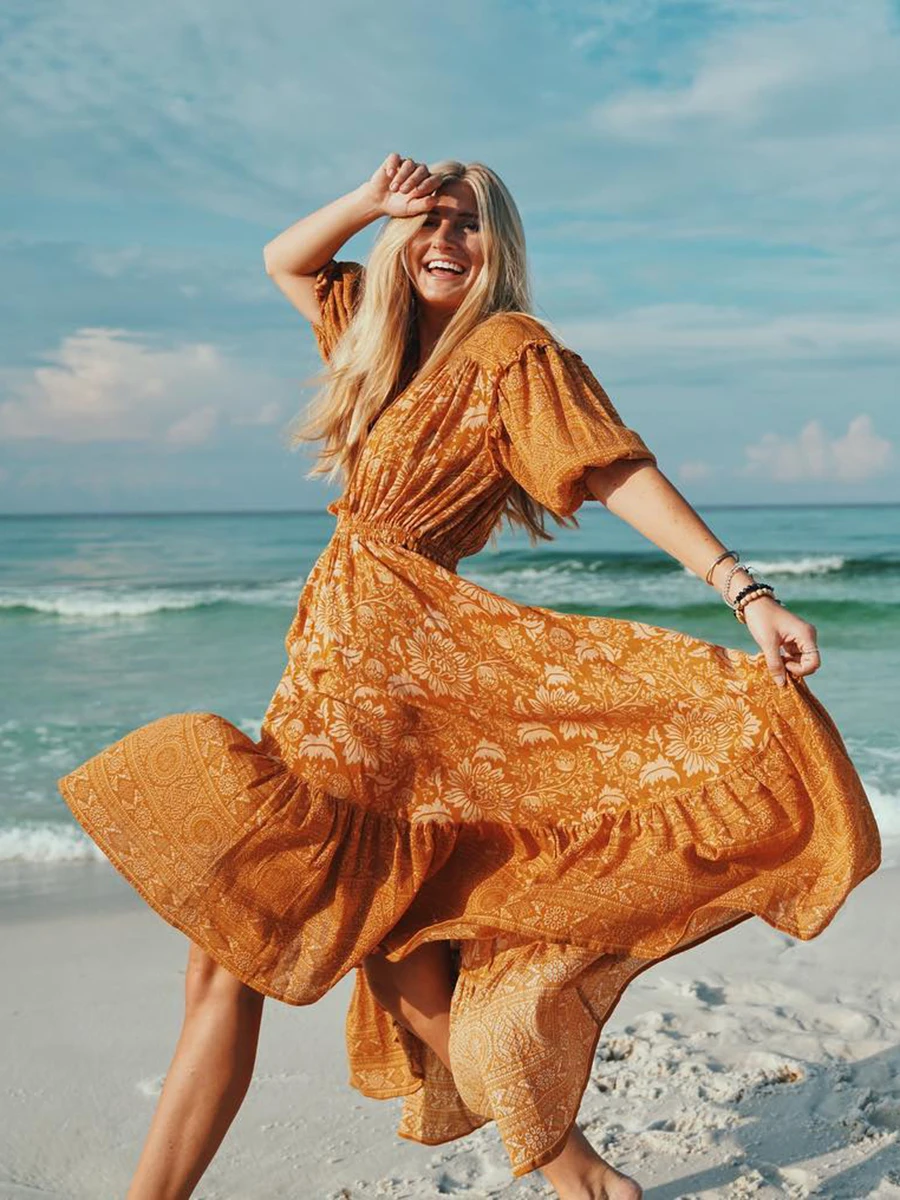 

Lioness Gown V neck tassels Hippie Chic Boho Floral Print Women Dresses Bohemian Beach Party Wear Dress Long Maxi Dress
