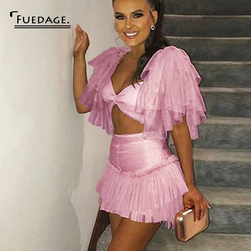 Женский комплект из двух предметов Fuedage розовый с сетчатыми оборками и вырезом