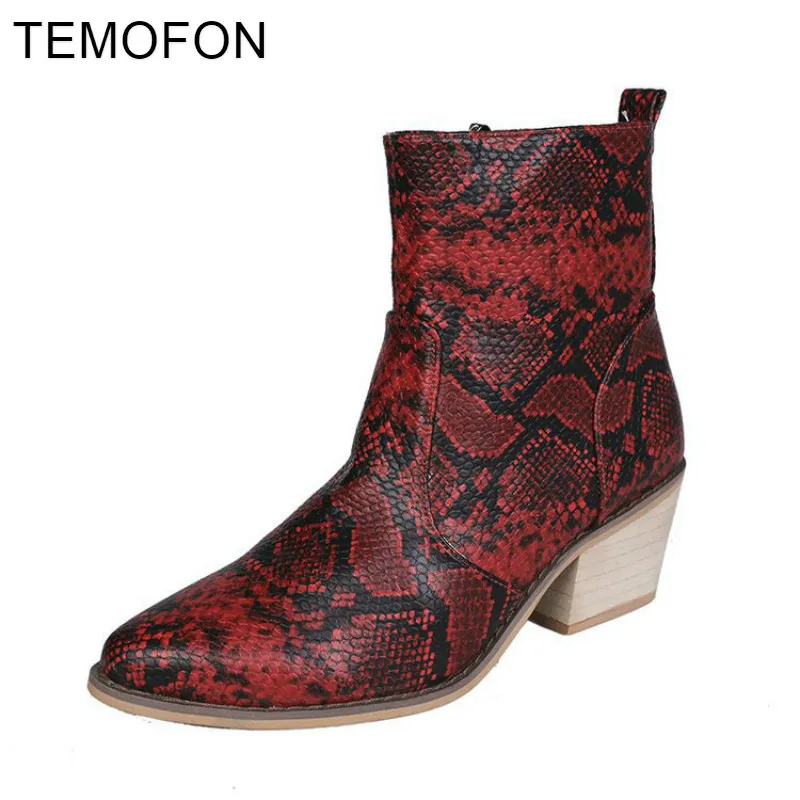 

Ankle Boots Woman Ladies Sexy Pointed Toe Snakeskin Martin Boots Square Heel Fashion Winter Lady Snow Boots Botas Mujer HVT436