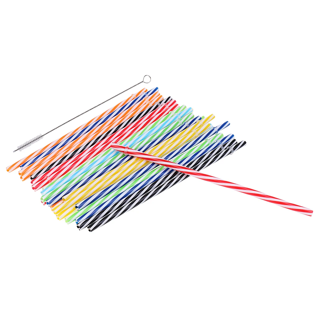 25x Colorful Reusable Hard Plastic Acrylic Rings Jar Straws + 1x Cleaning Brush Baby Shower Home Birthday Party Tableware