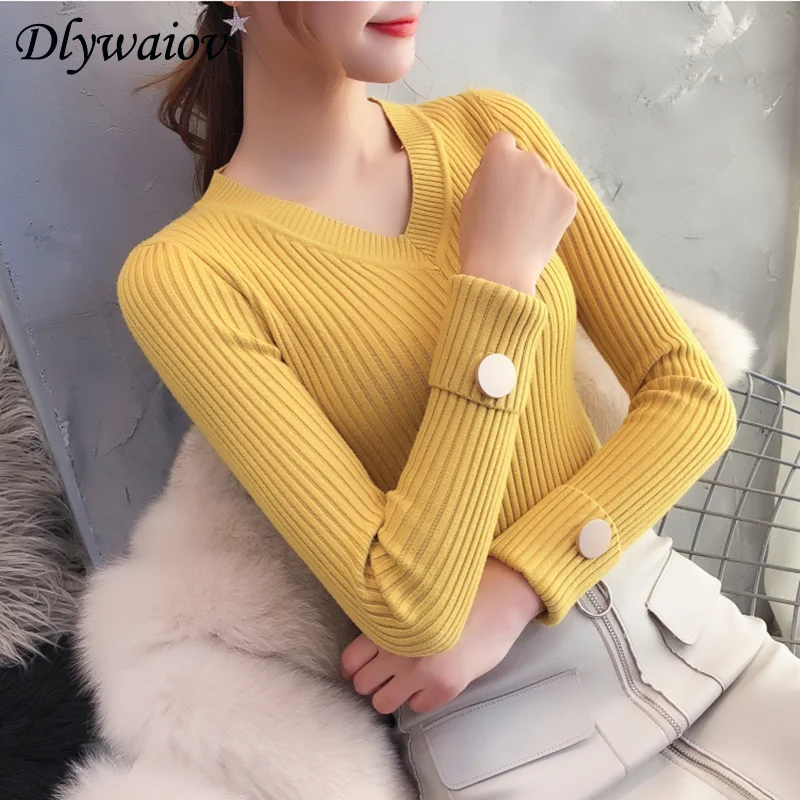 Свитер женский эластичный с V-образным вырезом на пуговицах длинным рукавом