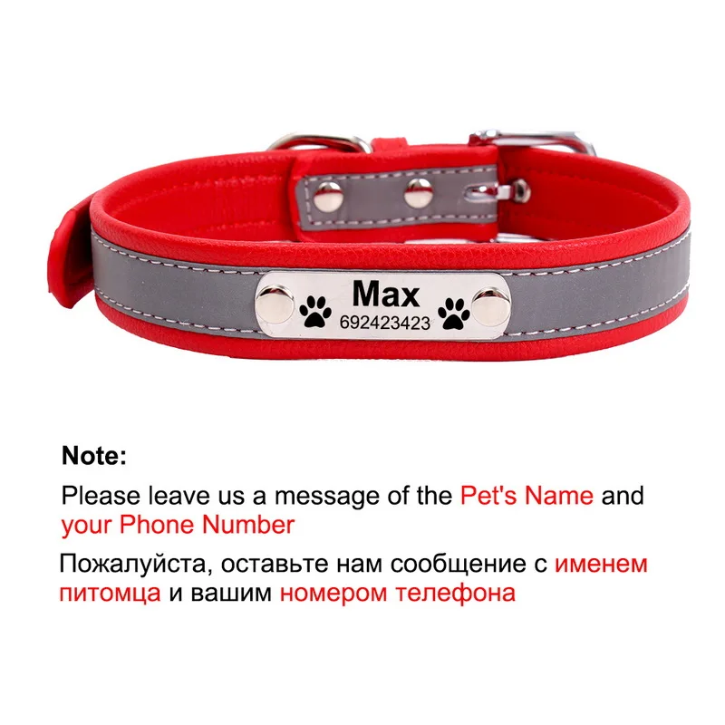 Red Именной ошейник для собаки светоотражающий настроенный PU кожаный воротник Перро Выгравированный антипотеряшка для собак Выгравированный продукт для домашних животных - Цвет: Red