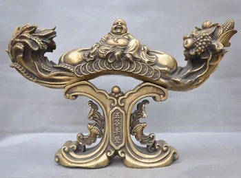 

wedding decoration 16"Tibet Buddhism Bronze Peach Bat Money Coin Wealth Ruyi Maitreya Buddha Statue