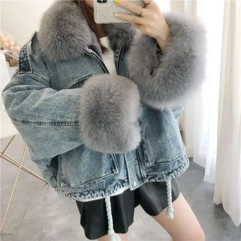 

2020 Denim Parkas Winter Coat Coats and Jackets Women Clothing Parka Real Fur Women Real Fox Fur Collar Rex Rabbit Liner Female