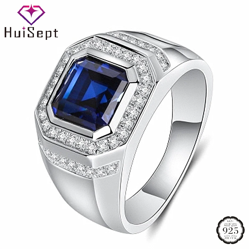 HuiSept Men Ring 925 Silver Jewelry Geometric Shape Sapphire Zircon Gemstones Finger Rings for Wedding Engagement Accessories | Украшения и
