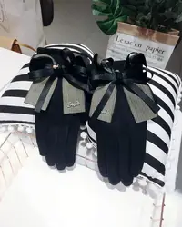 Autumn and Winter Bowknot Cashmere Gloves Korean Fashion Thickening Warm Letters Can Touch Screen Finger Gloves Women