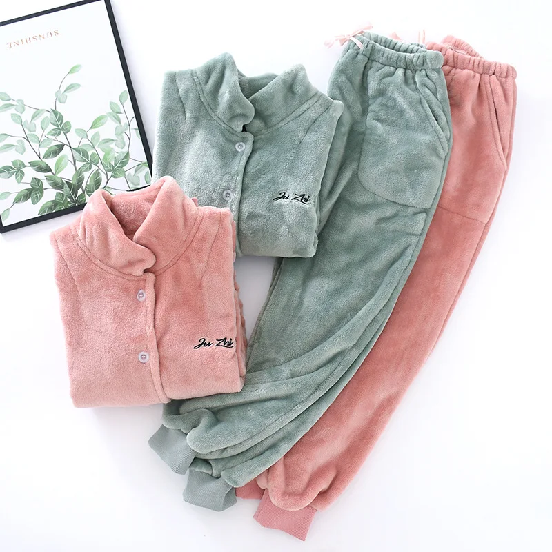 Solid Color simple Winter pajamas sets women Japanese flannel keep warm women sleepwear long sleeve quality pyjamas women