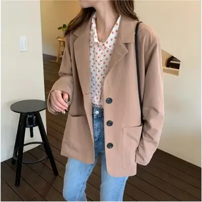 khaki REALEFT Новое поступление повседневные свободные женские блейзеры с длинными рукавами однобортные женские куртки Пальто Feminino осень зима - Цвет: khaki
