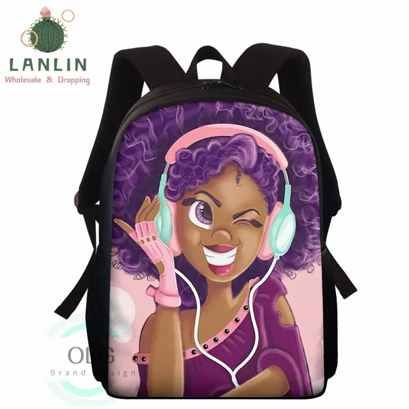 

LANLIN Fashion Black Girl African American School Bags Love Music Purple Hair Print Orthopedic Backpacks Kid Daypack Sac Ecolier