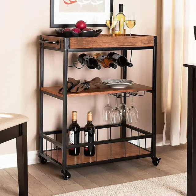 Wine Bar Cart, Kitchen Serving Cart on Wheels, Industrial Home with Storage Removable Top Tray, Metal Handle Rack Glass Holder 3