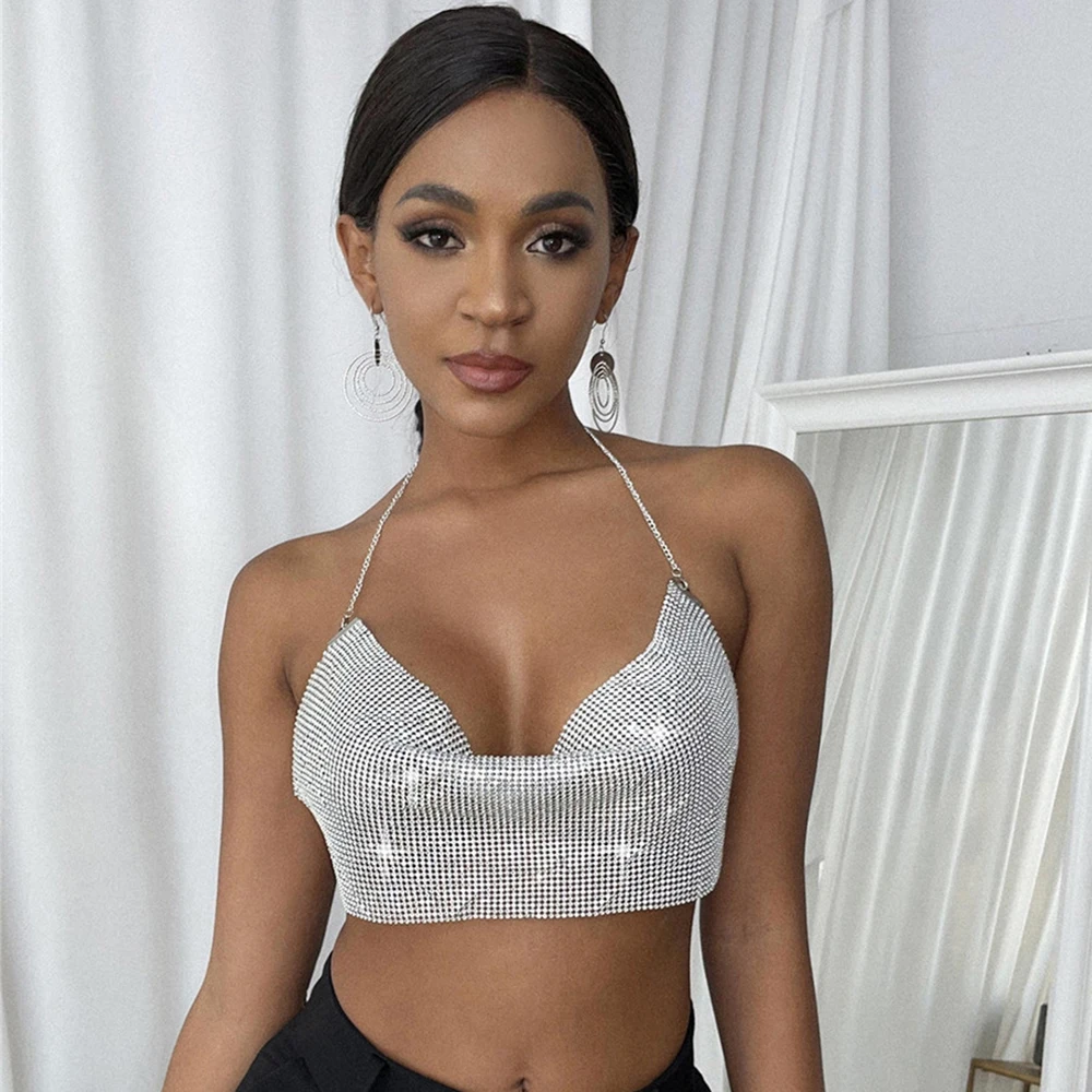 2021 Summer Sexy Gold Sequined Women's Bra Cropped Top Women Party Short Diamond Beach Bralette Tank Crop Tops | Женская одежда
