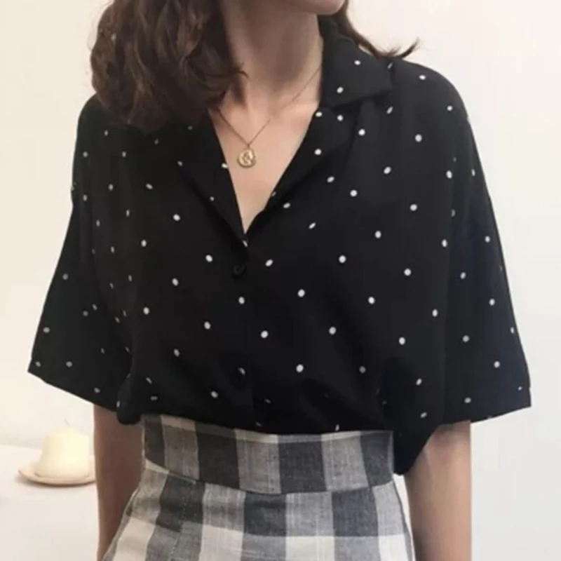 Women Blouses 2020 Short Sleeve Shirt Women Polka Dot Shirts Casual Ladies Tops Print Blouse Plus Size Chiffon Shirt Clothing