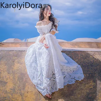 

2020New women summer Short sleeve designer Dress elegant party beach Dress white Sexy off shoulder hollow out Long dress