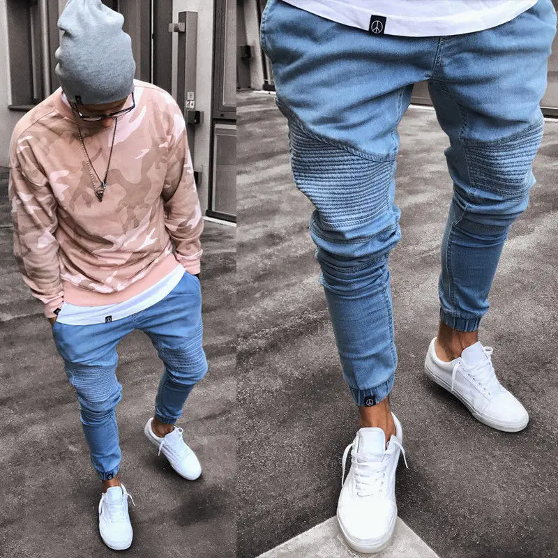 

2020 Men's Stretchy Ripped Skinny Biker Jeans Destroyed Slim Fit Denim Pants Mens Elastic Waist Harem Pants Men Jogger Clothes