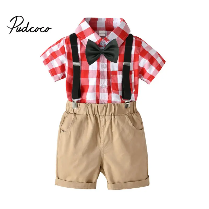  Fashion Baby Overalls Suspender Denim Kids Baby Boys Formal Plaid Bow Shirts + Shorts Jeans Pants T