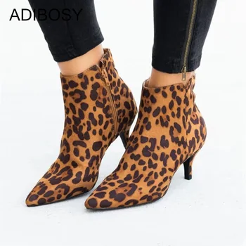 

Women Ankle Boots High Heels Pointed Toe Snake Leopard Boots Winter Autumn Fashion Flock Zip Women Short Ankle Shoes Botas Mujer