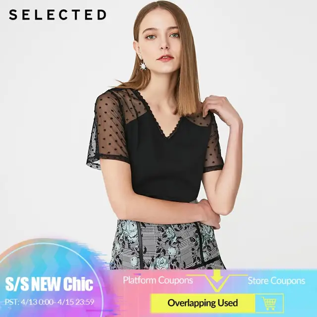 US $7.74 SELECTED Women's Summer Cotton-blend Slight Stretch V Neckline Cut-out Laced Knit T-shirt S41920154