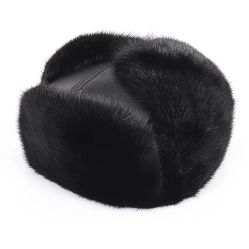 New Winter Russian Men Real Mink Fur Bomber Hats Male Warm Natural Mink Fur Hat Luxury Man Real Sheepskin Leather Cap - Цвет: black