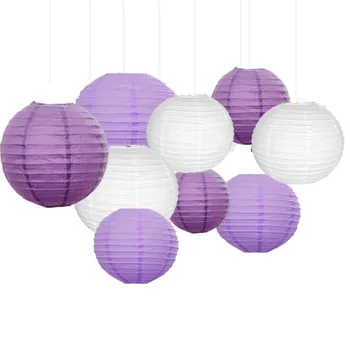 

Pack of 9 Paper Lanterns White Purple 12"10" 8"Round lanterns for Birthday Wedding Baby Showers Party Decorations