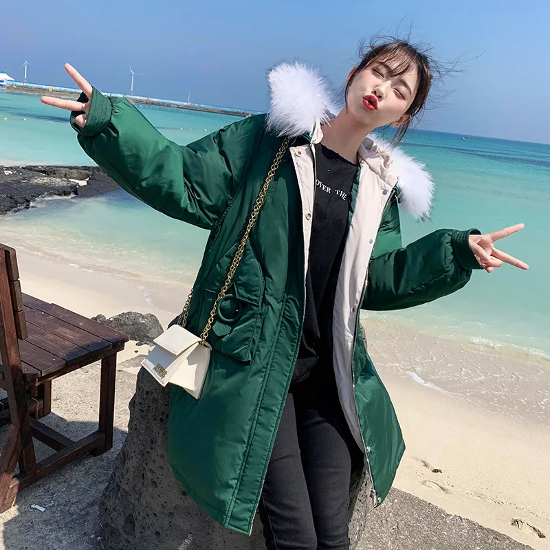 

3656 # New Style down Jacket Women's Mid-length Korean-style Large Fur Collar Loose-Fit Slimming Warm INS Online Celebrity Cotto