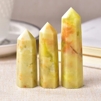 

1pc Natural Crystal Point Flower Jade Healing Obelisk Quartz Wand Yellow Ornament for Home Decor Reiki Energy Stone Pyramid gift