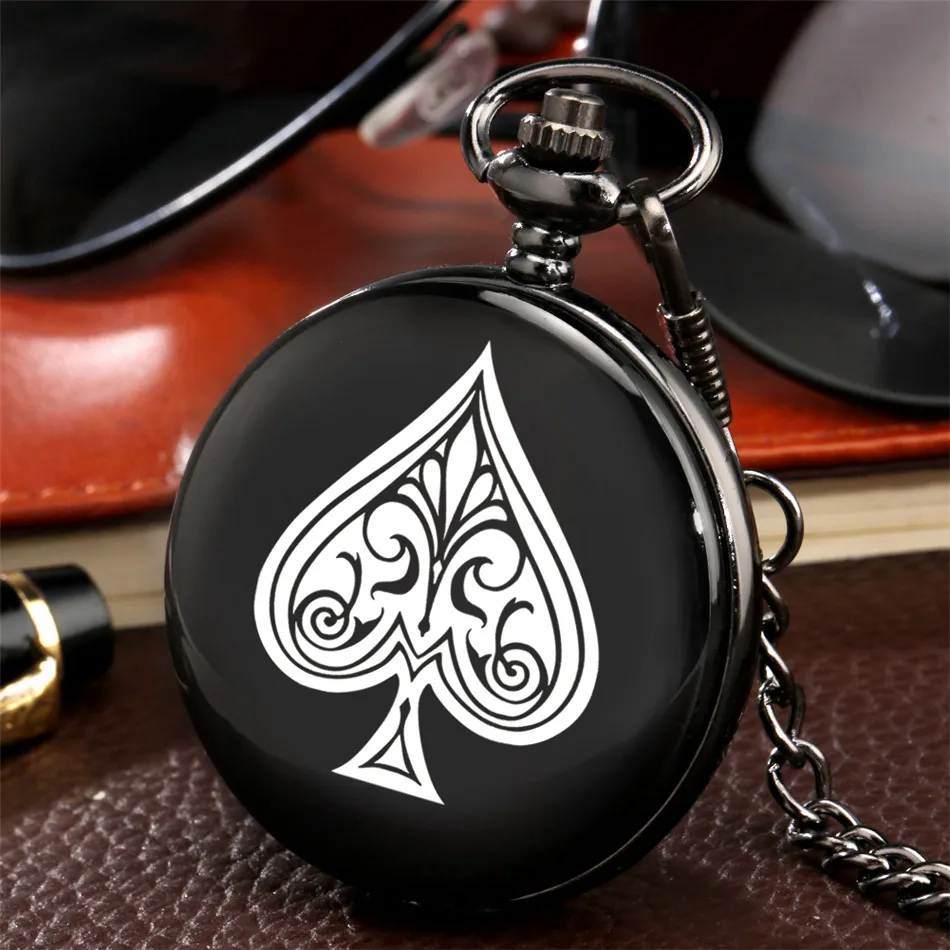 Retro Clock Pendant-Watch Pocket-Chain Poker-Theme Gifts Unisex Black Hunter Smooth Quartz