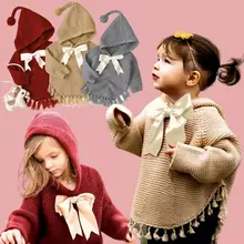 1 предмет, вязаная для маленьких девочек, свитера с кисточками верхняя одежда, плащ, пуловер с длинными рукавами одежда с бантом осенне-зимняя одежда на возраст от 0 до 24 месяцев