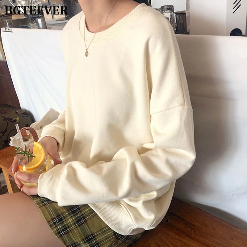  BGTEEVER Loose O-neck Women Sweatshirt Candy Color Full Sleeve Hoodies Female Sweatshirts Casual Tr