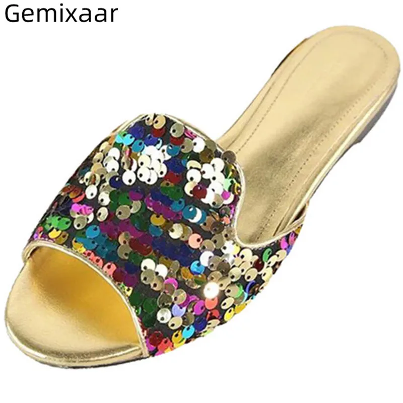 

2019 Hot Sale Bling Slippers Woman Round Toe Comfy Flat Heel Flips Flop Home Slides Colorful Sequines Fashion Women Slippers 42