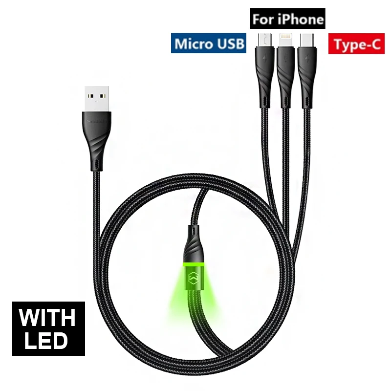 3 in 1 LED Black Mcdodo 3 в 1 USB кабель 3A для мобильного телефона Micro usb type C кабель зарядного устройства для iPhone XR XS Max X huawei шнур для быстрой зарядки данных - Цвет: 3 in 1 LED Black