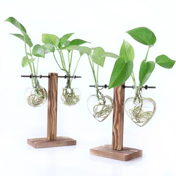 

Hydroponic Plant Transparent Vase Wooden Frame Glass Flower Pot for Tabletop Plants Home Bonsai Decor 2 Type