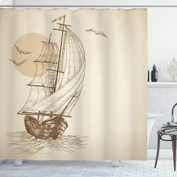 

Nautical Shower Curtain, Sailing Ship Floating on Wavy Ocean Sketch Artwork Flying Birds Sunset Scenery, Cloth Fabric Bathroom