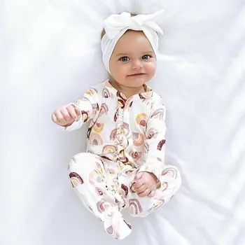 

Casual Newborn Baby Boy Girl Outfit Long Sleeve Rainbow Print Romper Body suit + Headband Spring Clothes