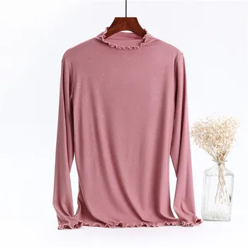 

2020 WOMEN Spring women's thin lace collar flash silver bottoming shirt female modal long sleeve t-shirt female