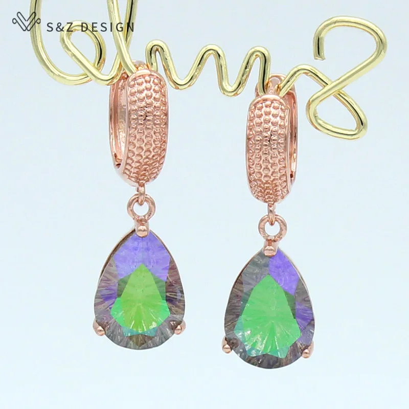 S&Z DESIGN New Fashion Water Drop Crystal Dangle Earrings For Women 585 Rose Gold Color Girl Wedding Party Jewelry