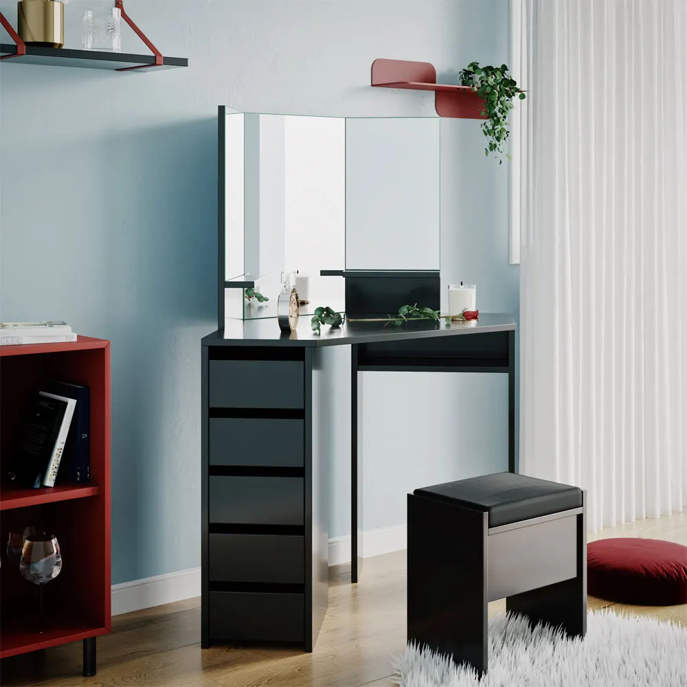 Big Promo Panana Dressing Table With Mirror Curved Pentagon Shape Modern Dresser Desk For Bedroom Jewelry Makeup Organizer White