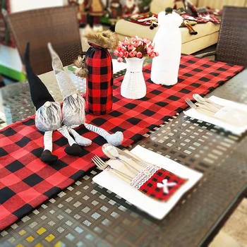 

Christmas Double-layer Red and Black Plaid Table Runner Holiday Home Layout Red Table Cloth Mat Decorative Supplies No Gift Box