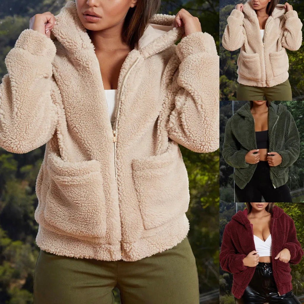 Женское хлопковое пальто, зимняя модная теплая однотонная плюшевая куртка на молнии с капюшоном, повседневная женская уличная куртка