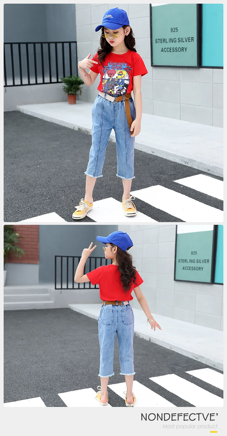 Korean Clothes Kids Denim Jeans Girls Cartoon T-Shirt Summer Fashion Wear Girls Denim Pants Jeans Clothing Casual Set For Kids
