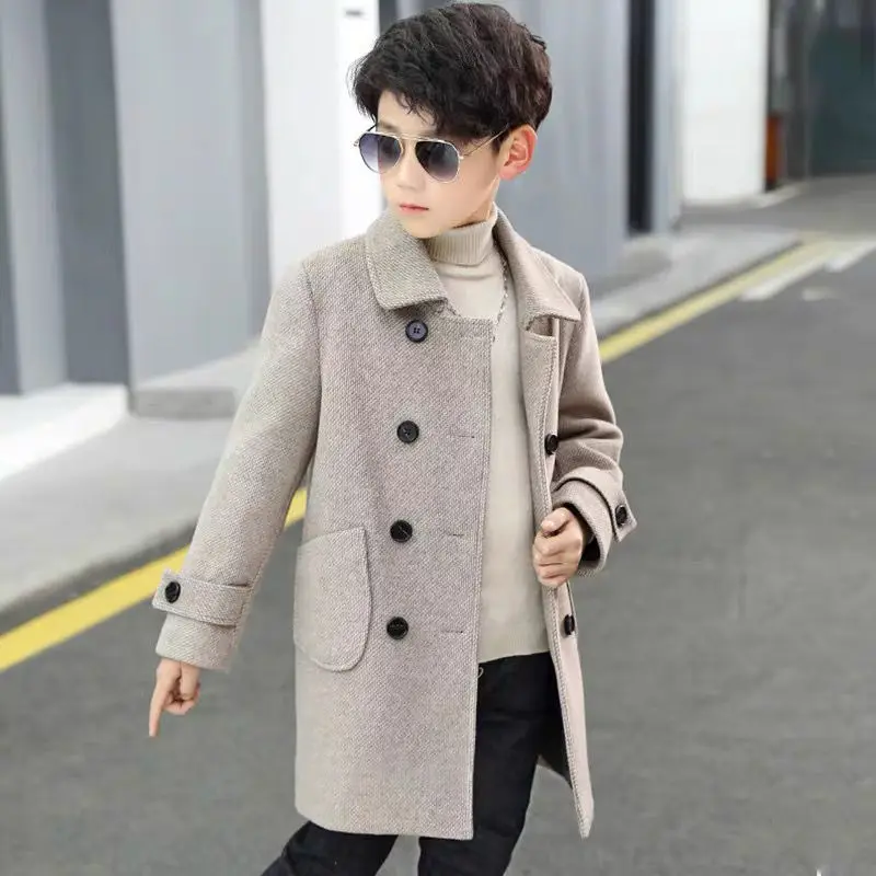 Korean Boys Wool Winter Coat England Style Kids Thick Outerwear Fashion Kids Woolen Long Jackets Children Warm Coats