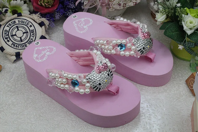 Leisure Shoes Online Lady Sewing Pearl Womens Beach Slippers Fashion High Heel Platform Wedge Flip Flops48