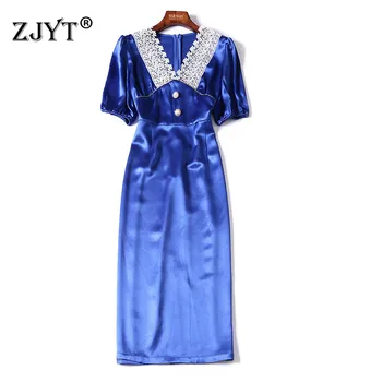 

High Quality Designer Runway Summer Dress Short Sleeve Women Clothes Elegant Lady Lace Collar Slim Solid Midi Acetate Dress
