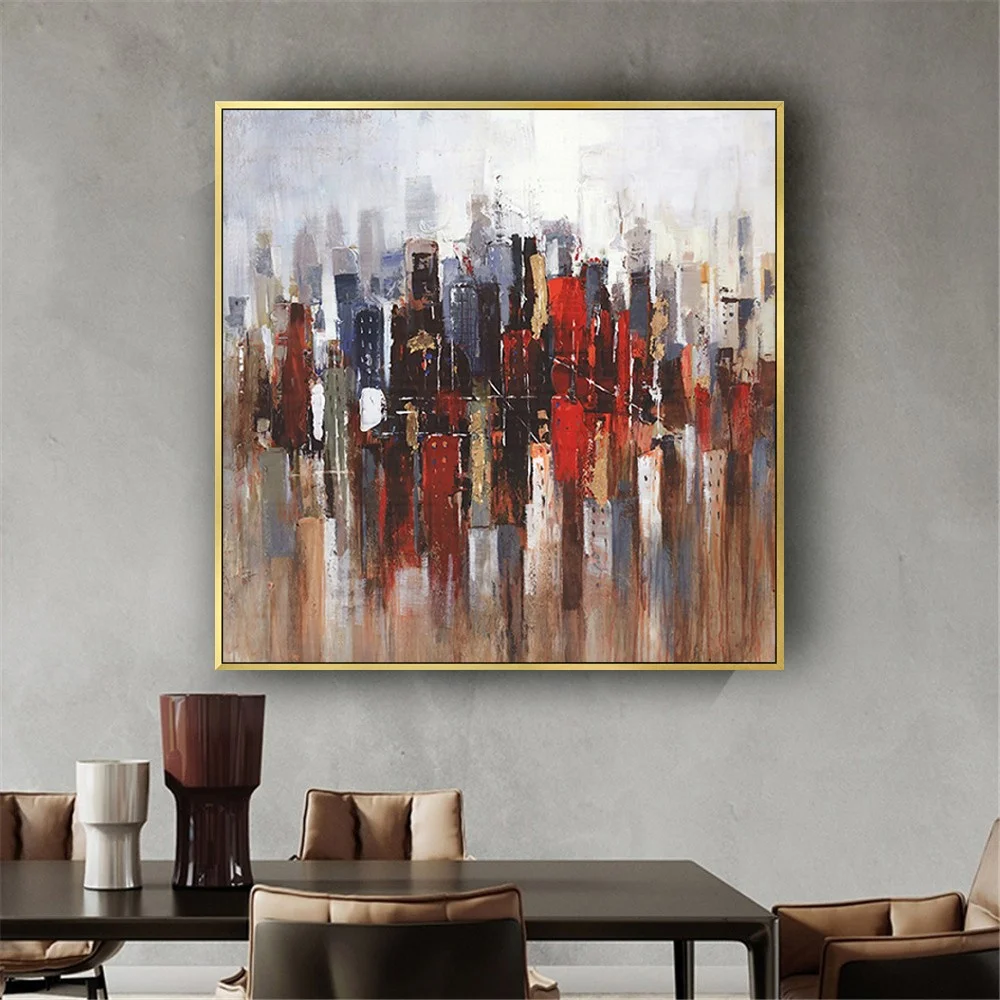 

Dark Red Thick Texture Wall Art Handmade Oil Painting City View On Canvas Abstract Hanging Paintings For Living Room Decor Art