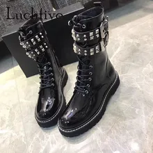 Ботинки в стиле панк с металлическим декором; ботинки в байкерском стиле на толстой плоской платформе; обувь с пряжкой на ремешке; женская обувь из натуральной кожи; botas de mujer