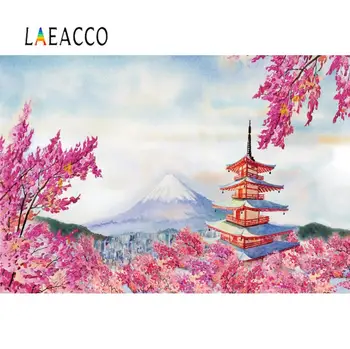 

Laeacco Photography Backdrop Watercolor Cherry Flowers Spring Mountain Fuji Tower Scene Photographic Background For Photo Studio