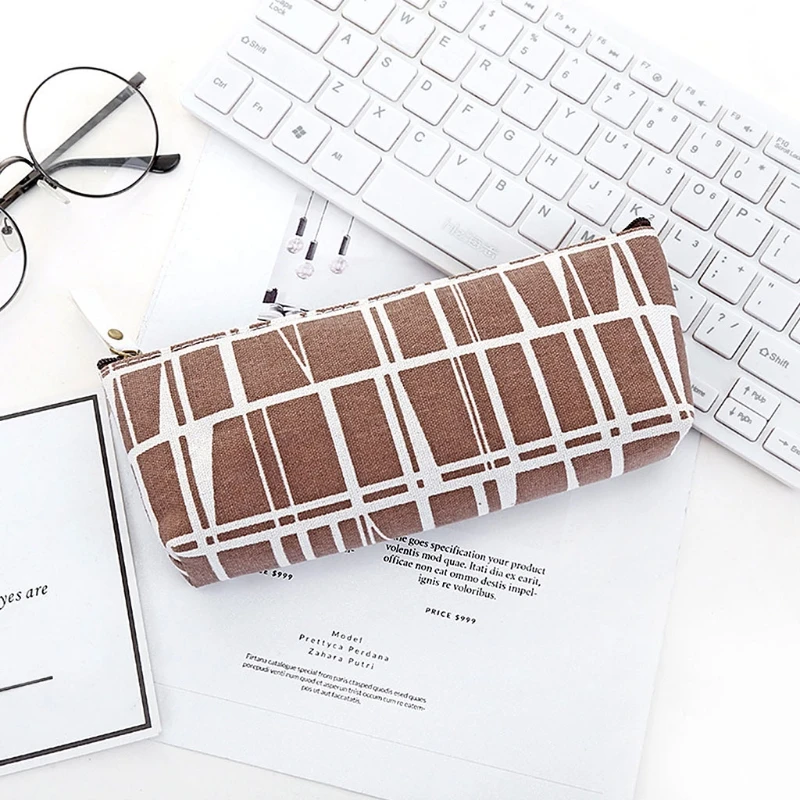 

Canvas Pencil Case School Pencil Bag Simple Striped Grid Pencilcase For School