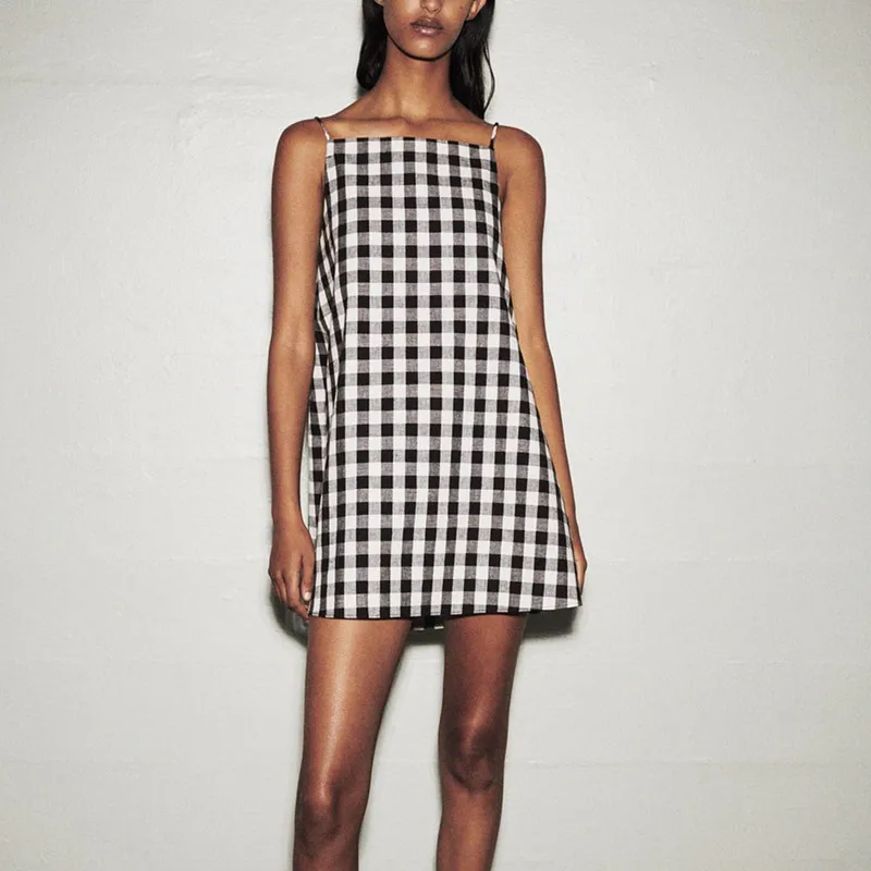 Женское мини-платье в мелкую клетку ZA Повседневное платье с прямым вырезом