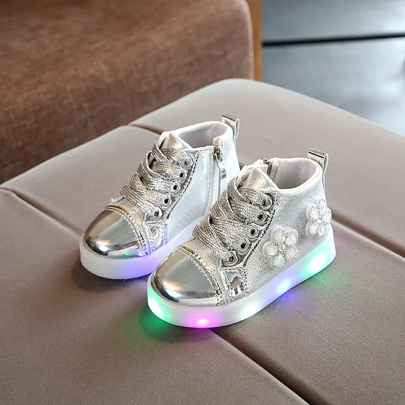 Spring Kids Shoes Baby Girls Glowing LED lighted Sneakers Children Casual Bling Flow Soft Size 21-30 pink gold sliver | Детская одежда