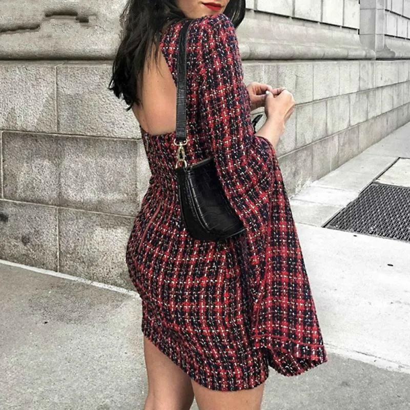 Осень-зима, сексуальное Бордовое платье в клетку с длинным рукавом, облегающее, короткие, вечерние, для клуба, элегантное платье, MH101
