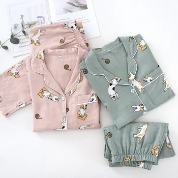

Spring Pajamas Set 100% Gauze Cotton Shirt+Pants 2Pcs Suits Men Women Couple Sleepwear Nightgown Lovers Yukata Household Wear